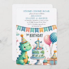 Invitación Dinosaurio primer cumpleaños niño Stomp Chomp Roar