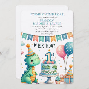 Invitación Dinosaurio primer cumpleaños niño Stomp Chomp Roar