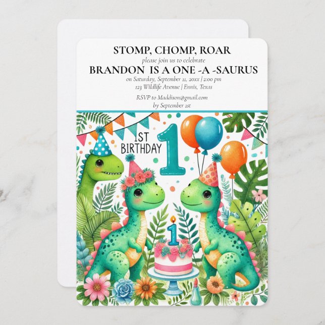 Invitación Dinosaurio primer cumpleaños niño Stomp Chomp Roar (Anverso / Reverso)