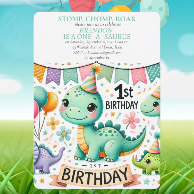Invitación Dinosaurio primer cumpleaños niño Stomp Chomp Roar (Subido por el creador)