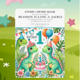 Invitación Dinosaurio primer cumpleaños niño Stomp Chomp Roar