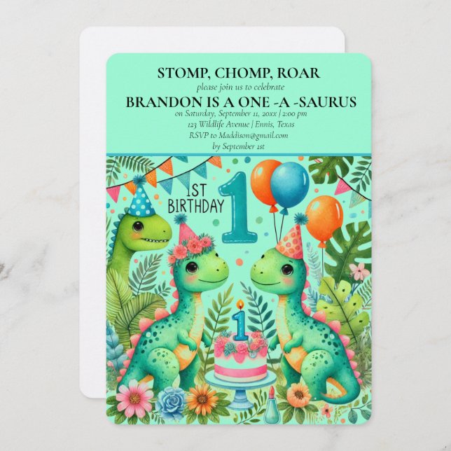 Invitación Dinosaurio primer cumpleaños niño Stomp Chomp Roar (Anverso / Reverso)