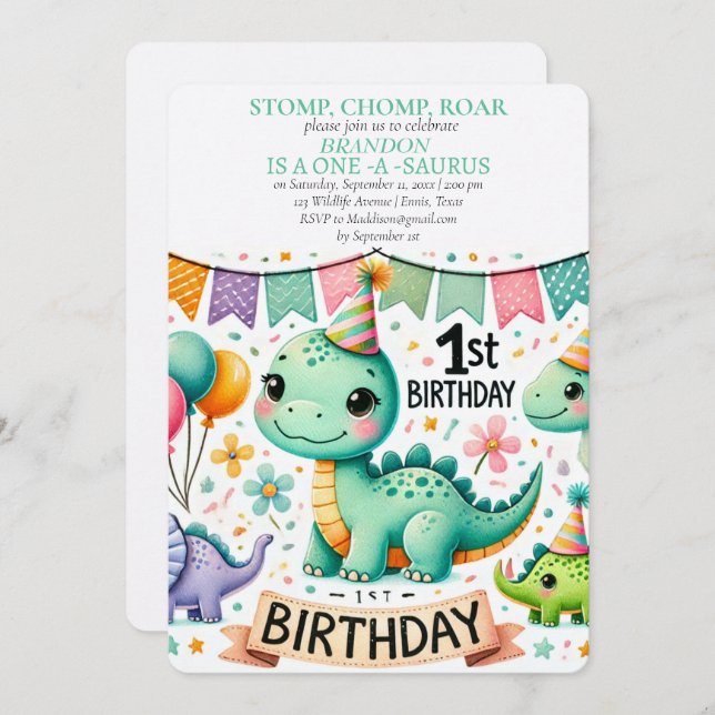 Invitación Dinosaurio primer cumpleaños niño Stomp Chomp Roar (Anverso / Reverso)