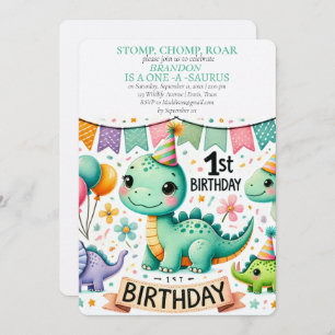Invitación Dinosaurio primer cumpleaños niño Stomp Chomp Roar