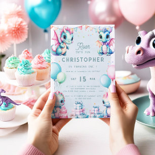 Invitación Dinosaurio Primer cumpleaños Pastel Cute Dino Drag
