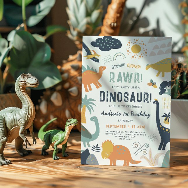 Invitación Dinosaurio Primer cumpleaños Stomp Chomp Roar (Subido por el creador)