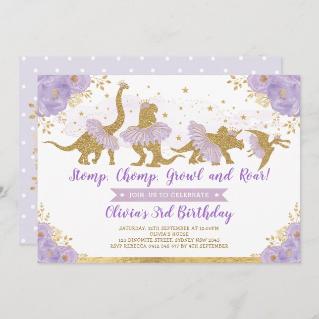 Invitación Dinosaurio Princesa Ballerina Pink Floral Cumpleañ (Anverso / Reverso)