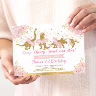 Invitación Dinosaurio Princesa Ballerina Pink Floral Cumpleañ