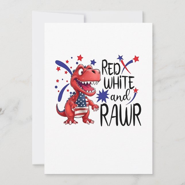 Invitación Dinosaurio Rojo Blanco Rawr Occidental  (Anverso)