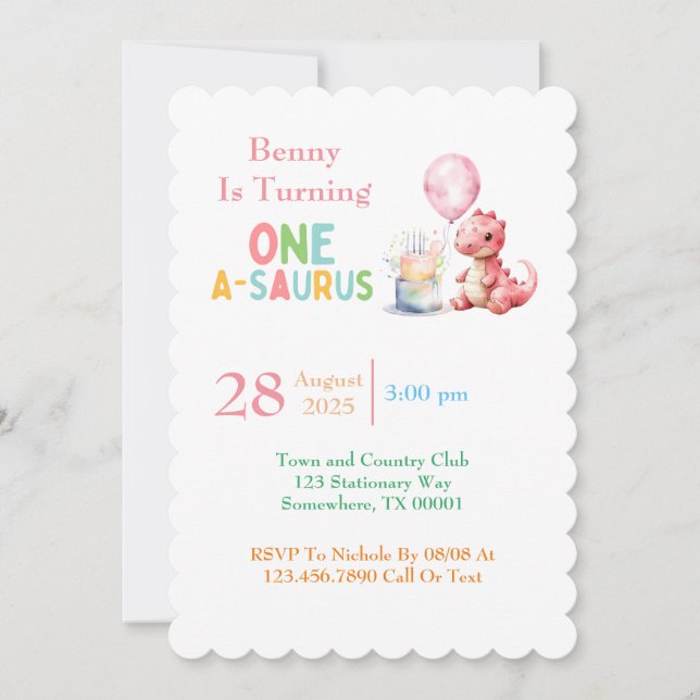 Invitación Dinosaurio rojo pintado uno un cumpleaños saurus (Anverso)