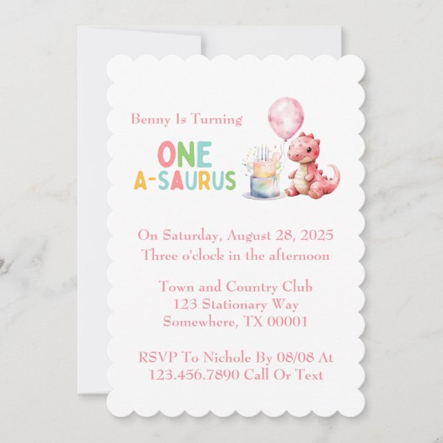Invitación Dinosaurio rojo pintado uno un cumpleaños saurus (Anverso)