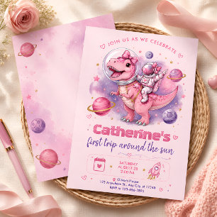 Invitación Dinosaurio Rosa Astronauta Primer Viaje Alrededor 