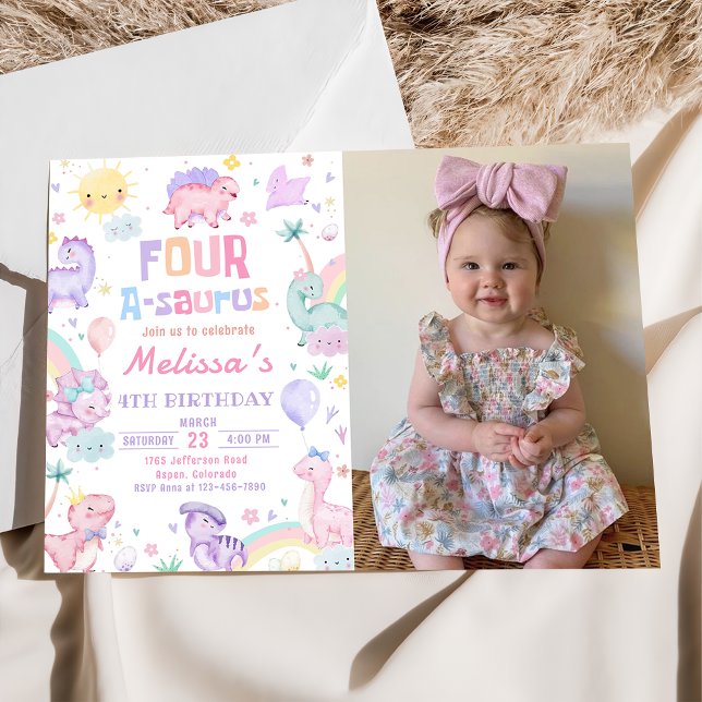 Invitación Dinosaurio Rosa Cuatro Aurus Foto De Cumpleaños A- (Subido por el creador)