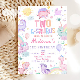 Invitación Dinosaurio rosa dos Fiestas A-Saurus segundo cumpl
