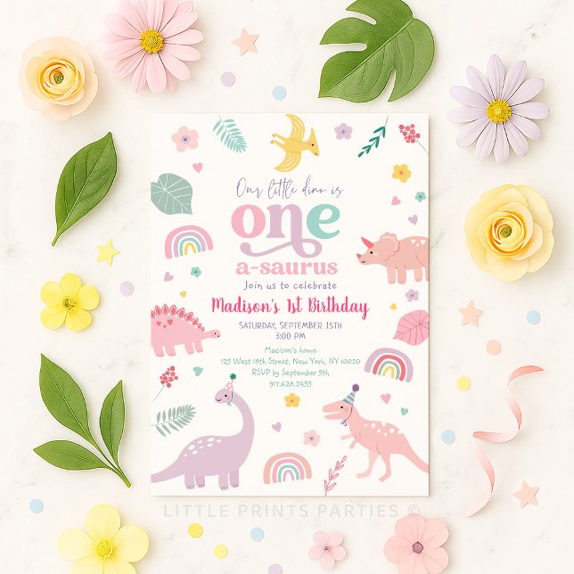 Invitación Dinosaurio Rosa Girly Primer Cumpleaños (Subido por el creador)