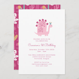 Invitación Dinosaurio rosa moderno lindo primer cumpleaños