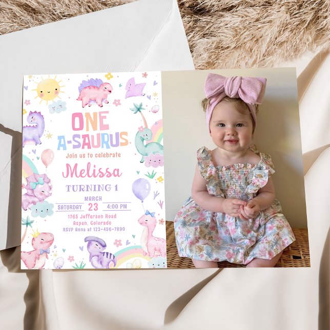 Invitación Dinosaurio rosa One-A-Saurus 1er cumpleaños foto (Subido por el creador)