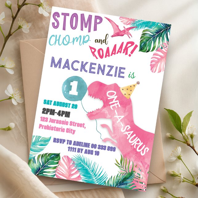 Invitación Dinosaurio rosa One-A-Saurus Chica de cumpleaños 1 (One-A-Saurus Pink Dinosaur 1st Birthday Girl Invitation)