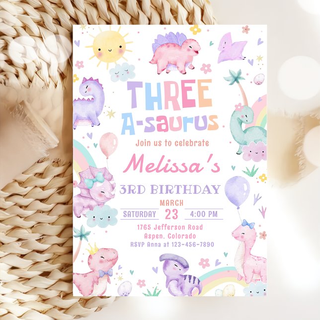 Invitación Dinosaurio rosa tres A-Saurus tercer Fiesta de cum (Subido por el creador)