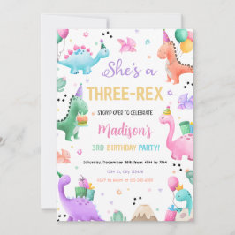 Invitación Dinosaurio rosa Tres Rex Chica Dino Fiesta de Cump