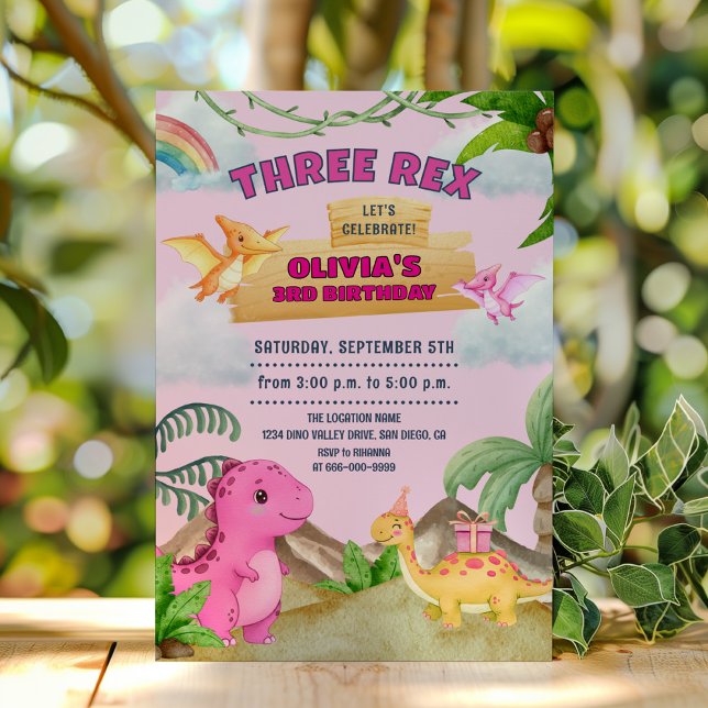 Invitación Dinosaurio rosa Tres Rex Tercer Fiesta Chica de cu (Pink Dinosaur Three Rex Birthday Girl Party Invitation)