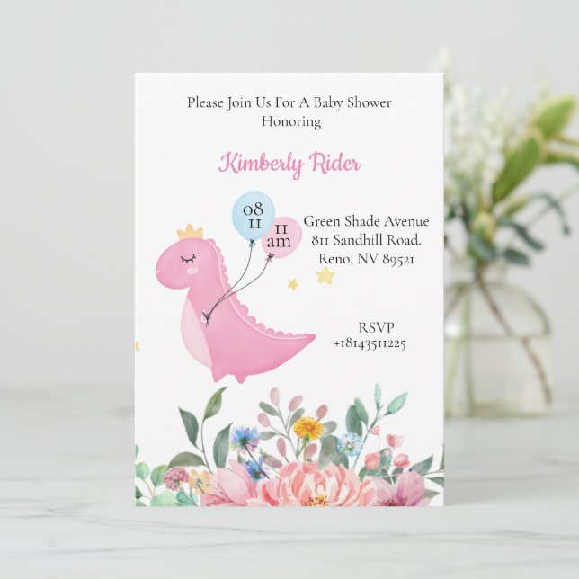 Invitación Dinosaurio rosado (Anverso de pie)