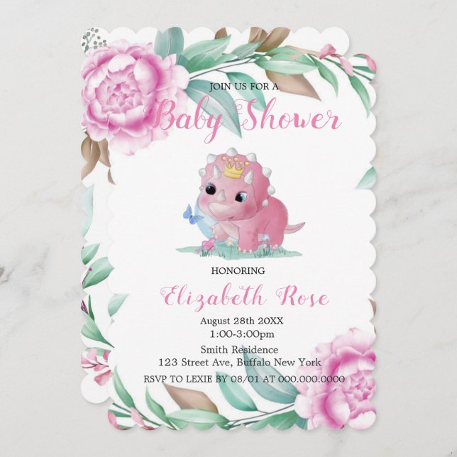 Invitación Dinosaurio rosado y Baby Shower de Peony invita (Anverso / Reverso)
