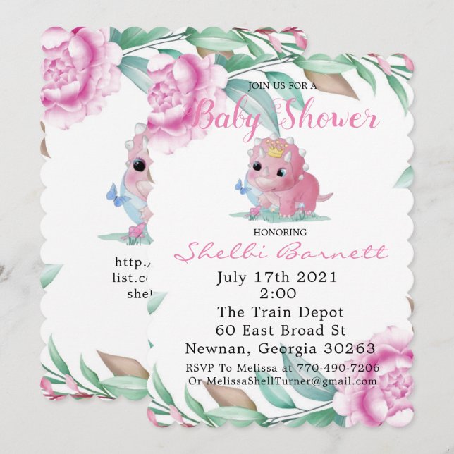 Invitación Dinosaurio rosado y Baby Shower de Peony invita (Anverso / Reverso)