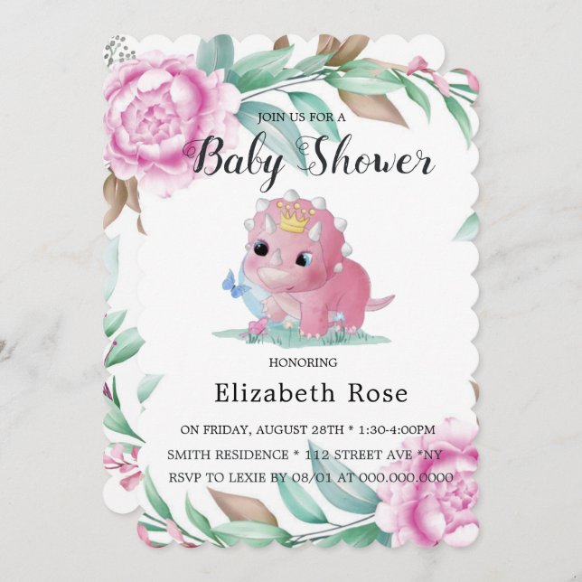 Invitación Dinosaurio rosado y Baby Shower de Peony invita (Anverso / Reverso)