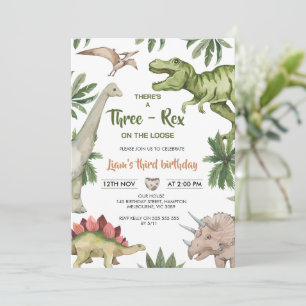 Invitación Dinosaurio Rústico Verde Marrón De Tres Rex Cumple