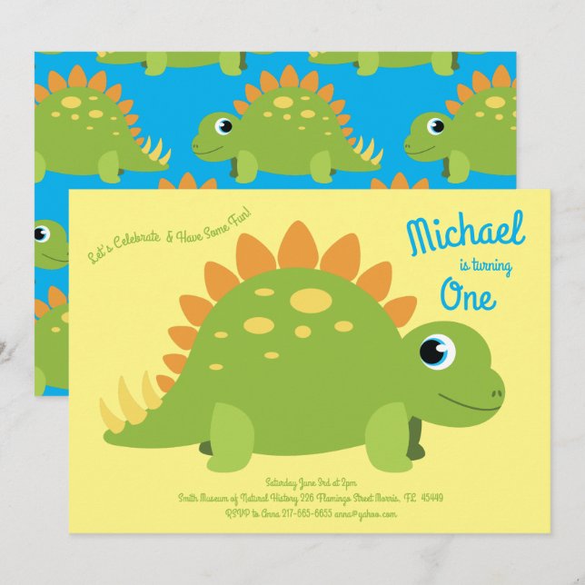 Invitación Dinosaurio Stegosaurus Niños Primer Fiesta de Dino (Anverso / Reverso)