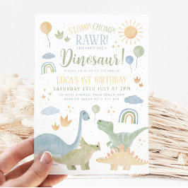 Invitación Dinosaurio Stomp Chomp Rawr Fiesta de primer cumpl