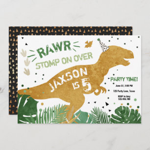 Invitación Dinosaurio T-Rex RAWR Dino Verde Oro cumpleaños