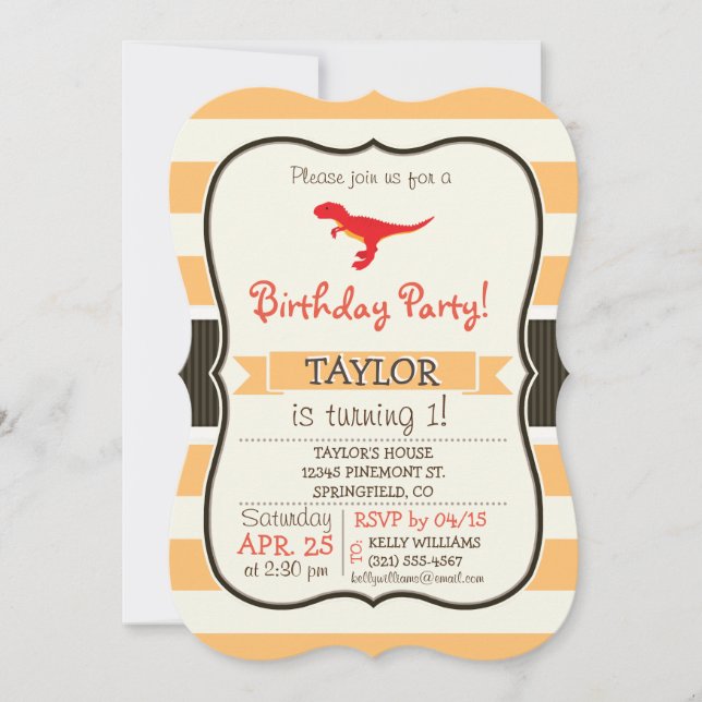 Invitación Dinosaurio T-Rex rojo; franjas Naranjas (Anverso)