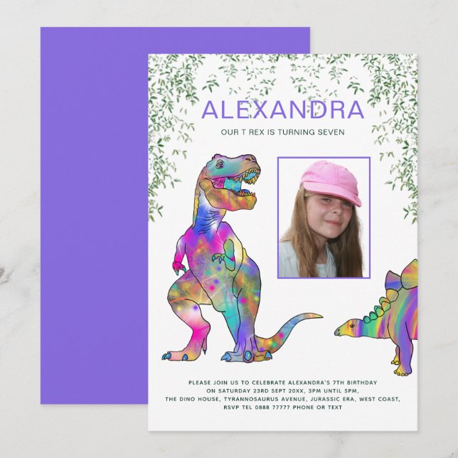 Invitación Dinosaurio Theme Girls Birthday Party Foto Purple (Anverso / Reverso)