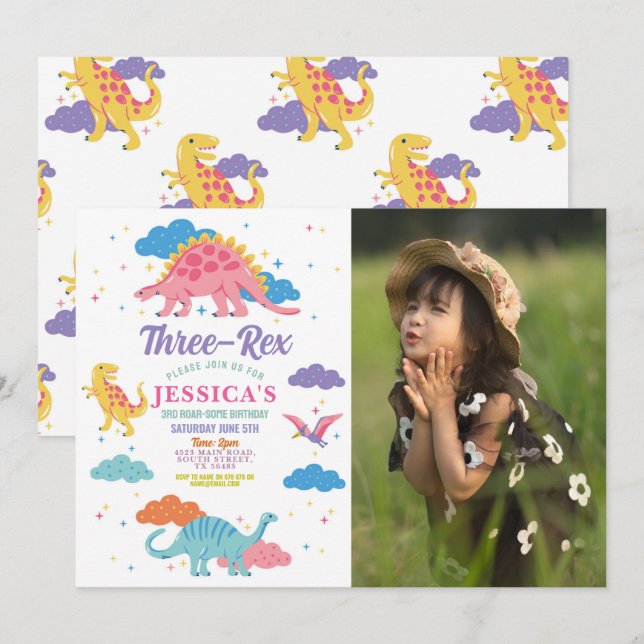 Invitación Dinosaurio tres Chicas de rex cute Fiesta rosa fot (Anverso / Reverso)