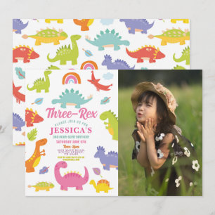 Invitación Dinosaurio tres Chicas de rex cute Fiesta rosa fot