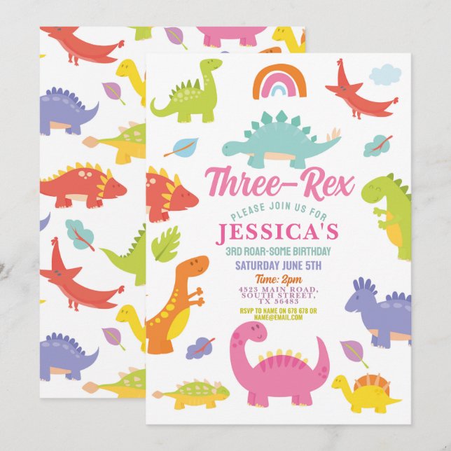 Invitación Dinosaurio tres Chicas Rex Cute Fiesta rosado (Anverso / Reverso)