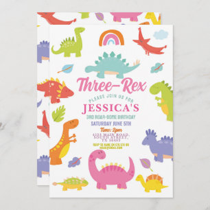 Invitación Dinosaurio tres Chicas Rex Cute Fiesta rosado