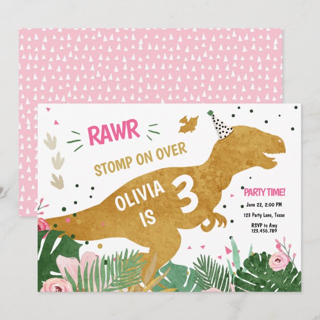 Invitación Dinosaurio tres rex Dino Chica Oro Rosado Cumpleañ (Anverso / Reverso)