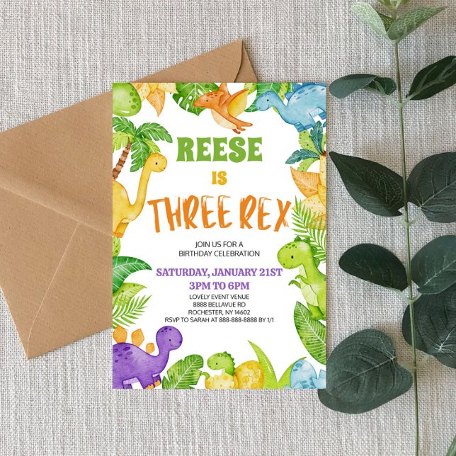 Invitación Dinosaurio tres Rex T-Rex tercera fiesta de cumple (Subido por el creador)