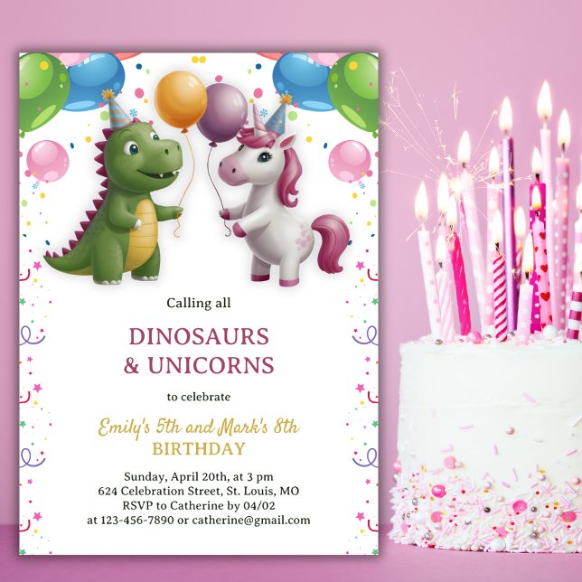 Invitación Dinosaurio Unicornio Chica Parentesco (Dinosaur Unicorn Boy Girl Joint Sibling Birthday Invitation)
