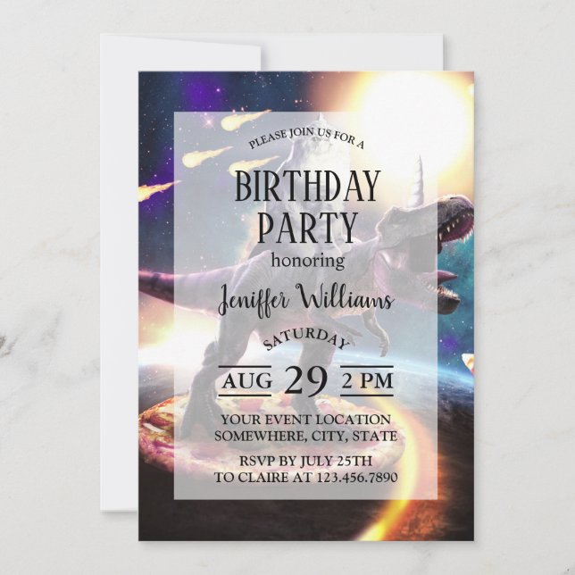 Invitación Dinosaurio unicornio de cabalgatas en el espacio (Anverso)