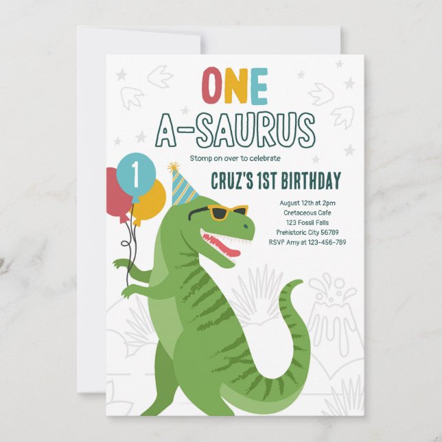 Invitación Dinosaurio Uno A-Saurus Primer Fiesta de cumpleaño (Anverso)