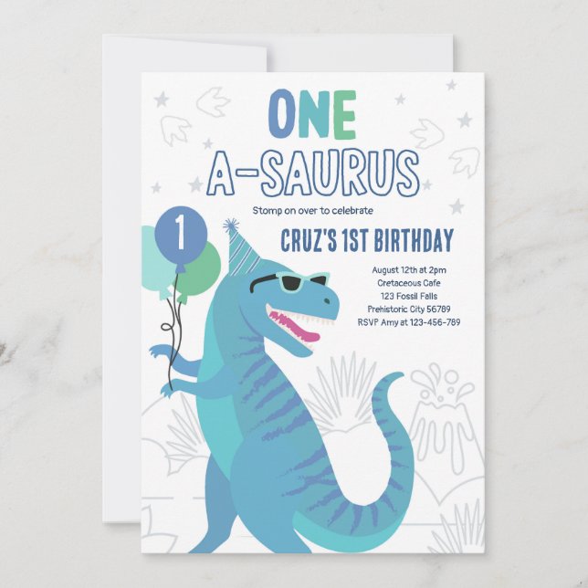 Invitación Dinosaurio Uno A-Saurus Primer Fiesta de cumpleaño (Anverso)