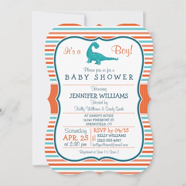 Invitación Dinosaurio; Verde azulado y Naranja de banda Baby  (Anverso)