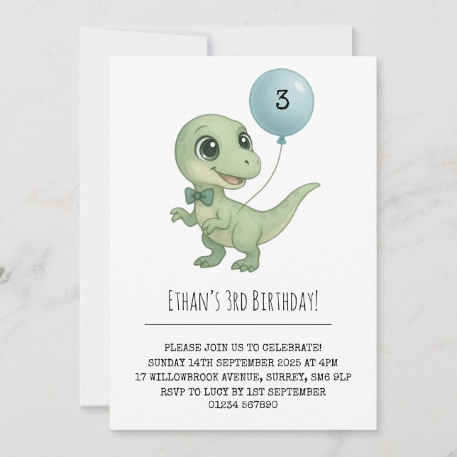 Invitación Dinosaurio verde con cumpleaños de Bow Tie (Anverso)