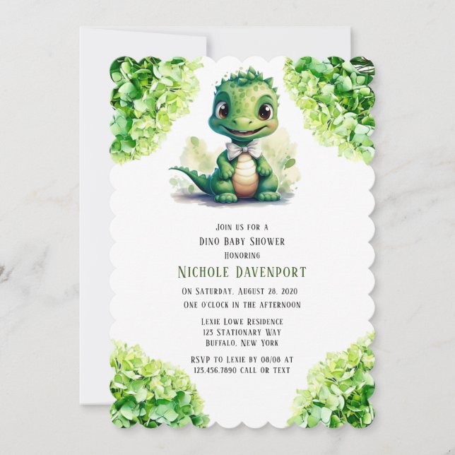 Invitación Dinosaurio verde Floral Género Neutral Baby Shower (Anverso)
