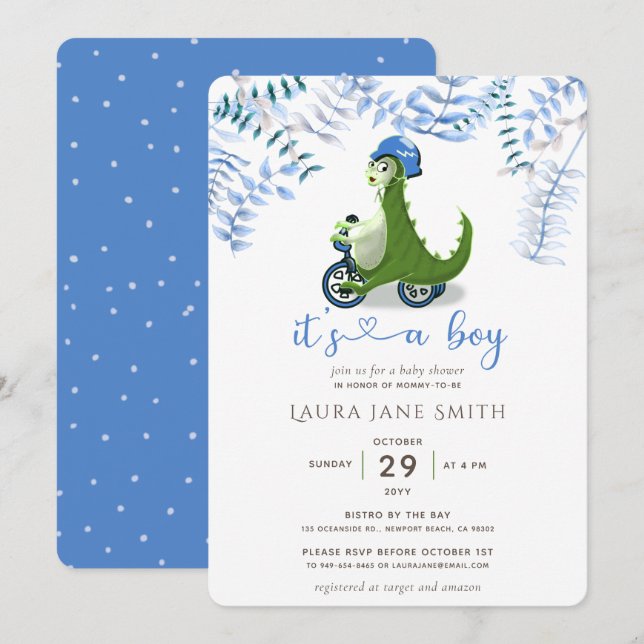 Invitación Dinosaurio verde lindo azul Trike Boy Baby Shower (Anverso / Reverso)