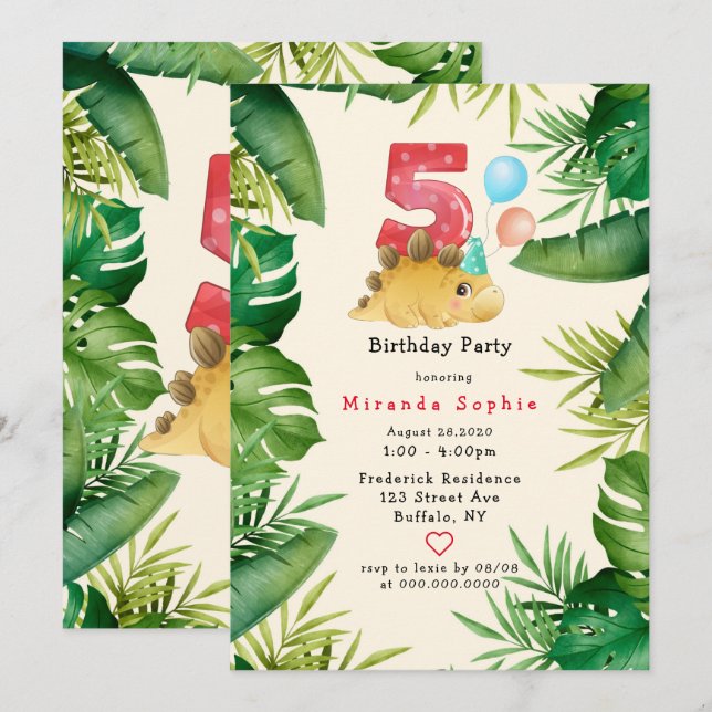Invitación Dinosaurio verde lindo deja 5 cumpleaños fiesta (Anverso / Reverso)